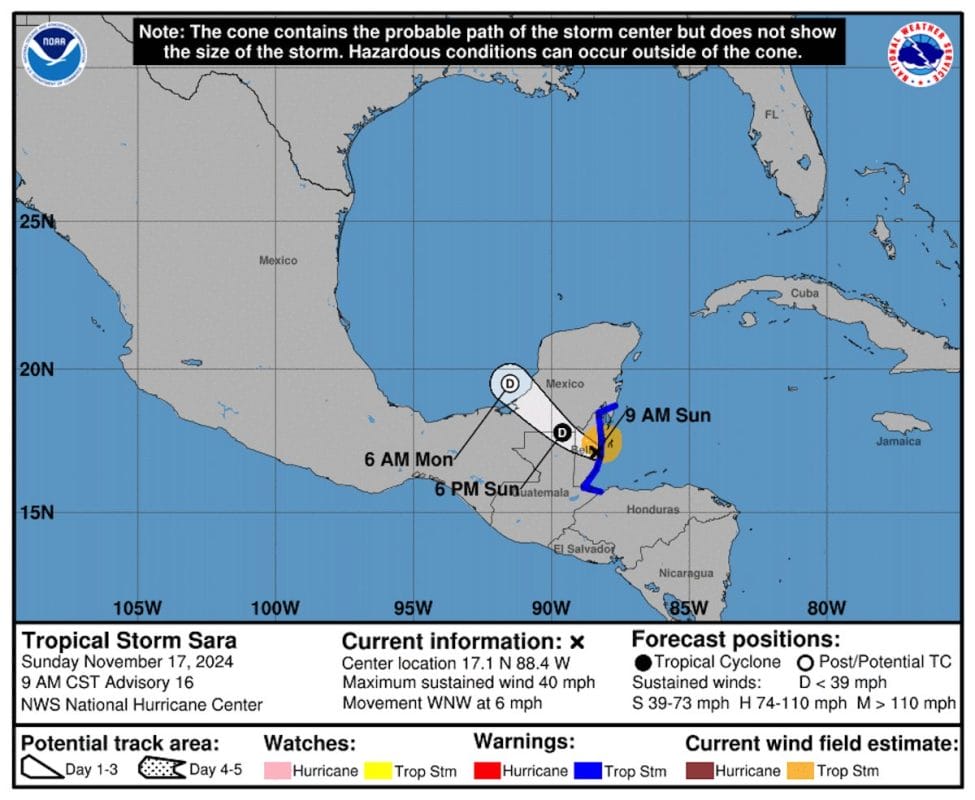 Tormenta Tropical Sara toca tierra en Belice, efectos en Quintana Roo