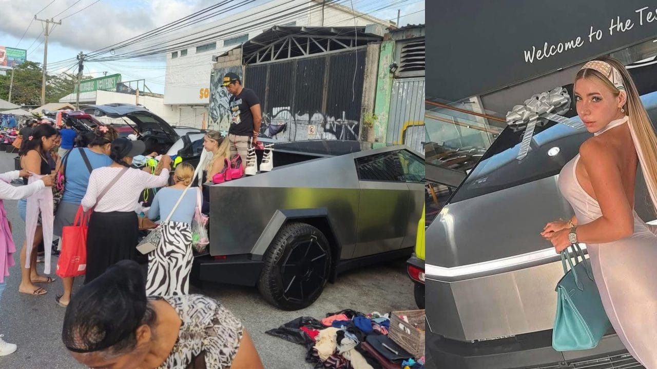 Modelo de OnlyFans sorprende en tianguis de Cancún con una Tesla Cybertruck