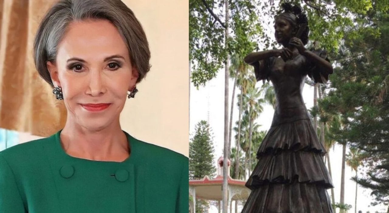 Policías resguardan estatua de Florinda Meza en Zacatecas tras intento de derribo convocado por redes