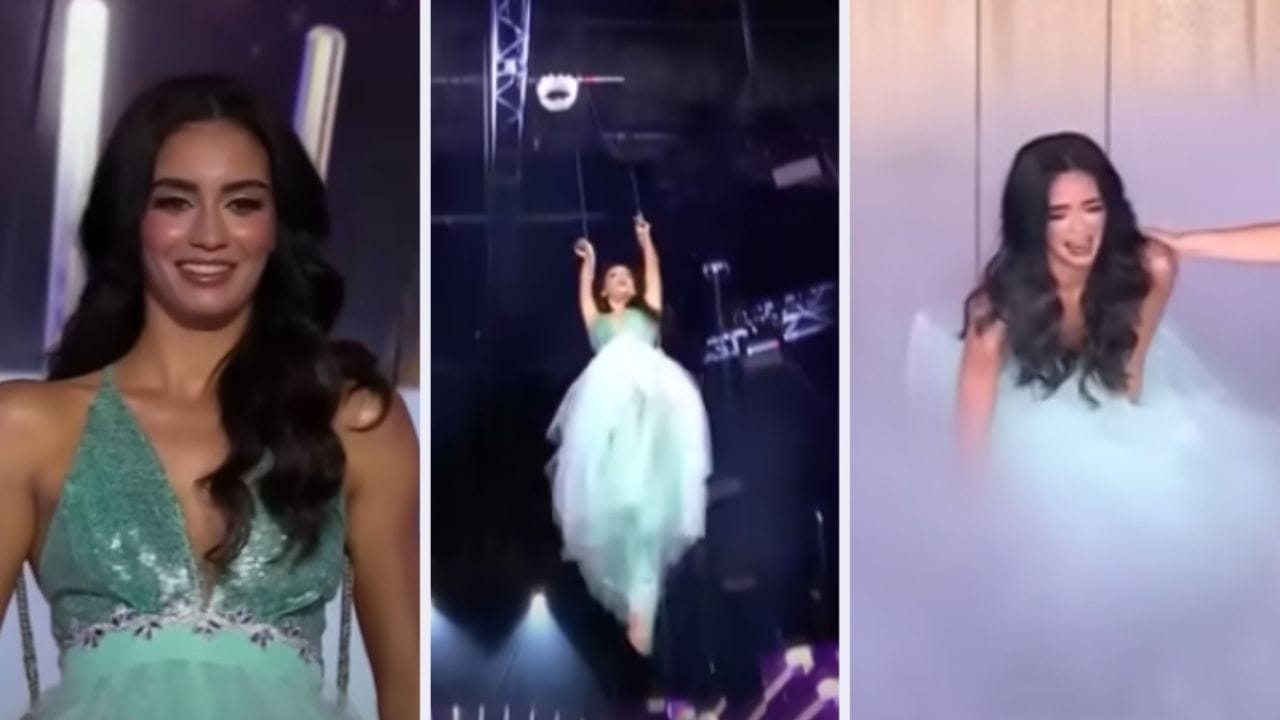 Miss Universe Latina sufre fuerte caída al romperse el arnés que la sostenía