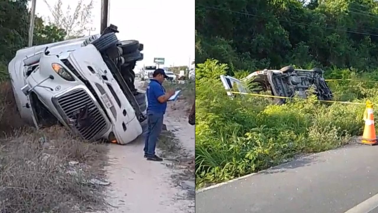 Dos volcaduras en la carretera Cancún–Playa dejan un muerto y caos vial