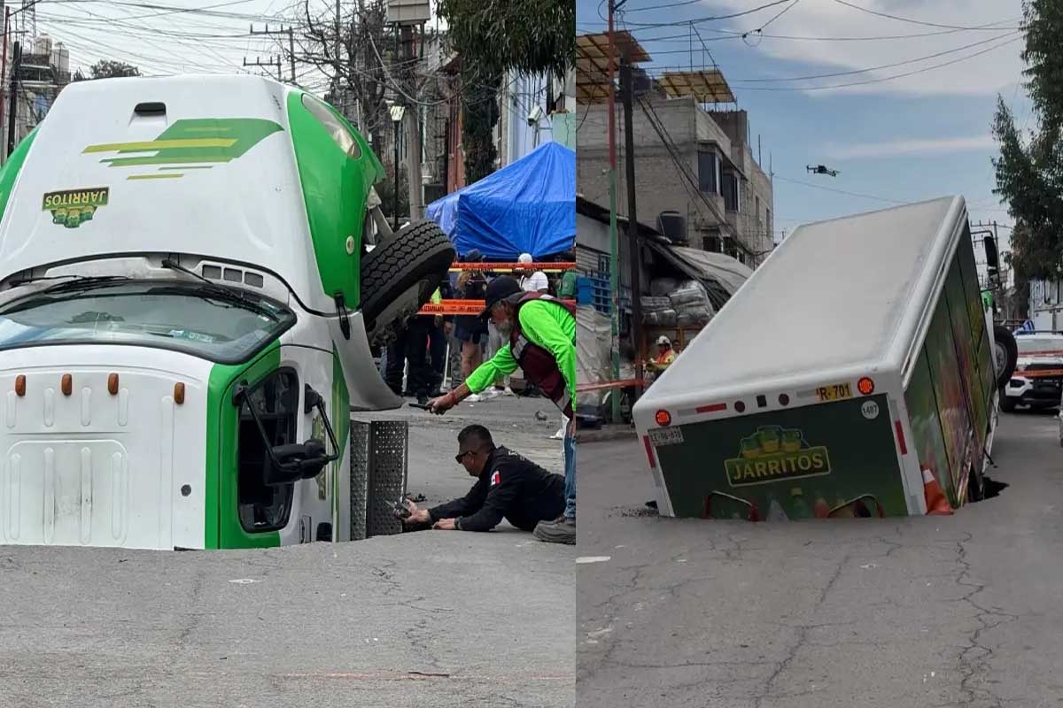 Camión refresquero queda atrapado en un socavón en Iztapalapa