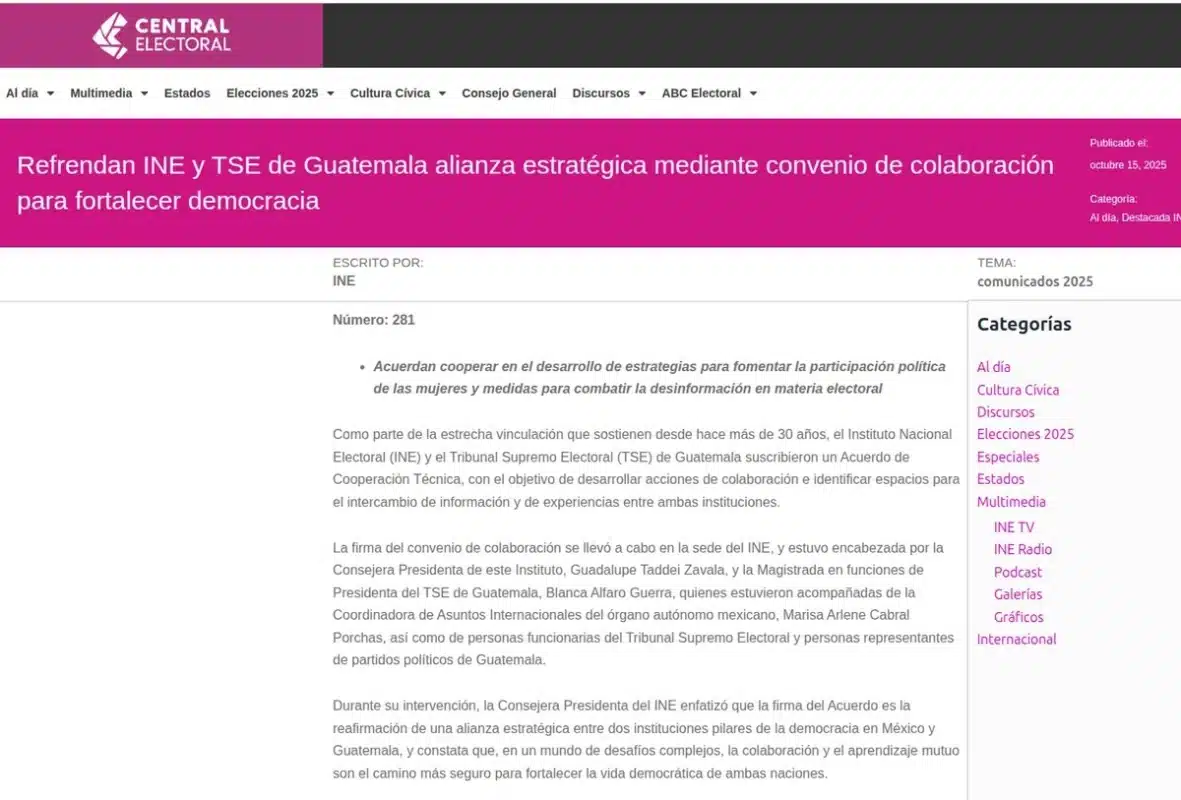 INE firma convenio con el Tribunal Supremo Electoral de Guatemala