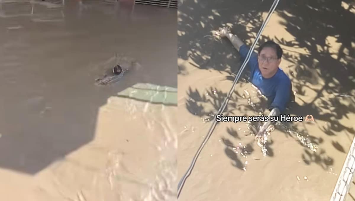 Hombre se lanza a inundación en Poza Rica para salvar a su familia